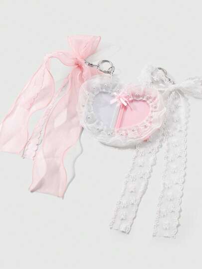 2pcs Korean Style Kawaii Girl Delicate & Versatile High-Quality Pink+White Lace Mesh Bow Faux Pearl Heart Edge Transparent Card Holder & Keychain Decoration, Suitable For Office Worker, Student, Daily Wear, Holiday Gift