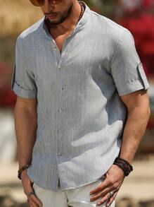 Manfinity RSRT Men's Solid Color Front Button Short Sleeve Simple Casual Stand Collar Shirt With Grey Buttons, Suitable For Going Out, Suitable For Daily Casual Wear, Suitable Gifts For Boyfriend And Husband - Grey - View 3