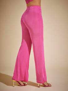 Vixey Slinky Knit Elastic Waistband Flare Leg Pants, Spring Outfits For Women, Summer Outfits For Women, Island Vacation Outfits - Hot Pink - View 4