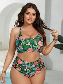 Swim Lushoire Plus Size Women 3pcs Set Retro Bohemian Random Retro Prints Crop Top Tankini Swimwear For Summer Beach Vacation - Multicolor - View 6