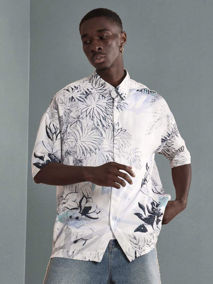 長袖トロピカルパームプリントボタンダウンシャツ