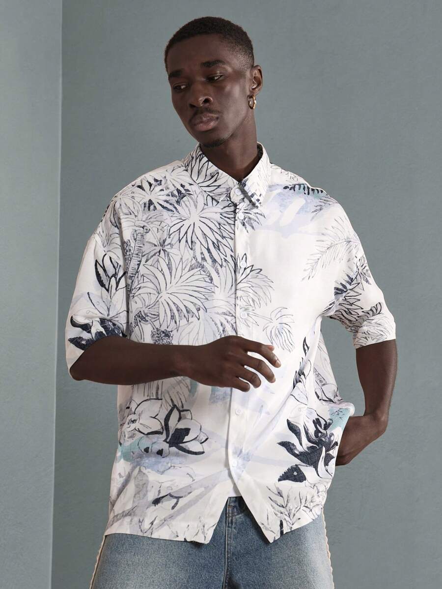 SUMWON 热带度假纽扣衬衫夏威夷海滩度假棕榈印花长袖休闲夏季春季节日派对轻便舒适版型