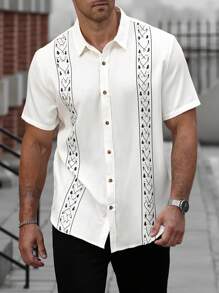 Manfinity CasualCool Camisa informal de manga corta y abotonadura sencilla con estampado gráfico para hombres de talla grande