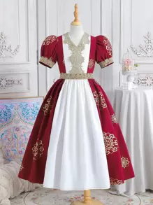 Tween Girl Glittery Ribbon Decor Floral Pattern Color-Block Dress