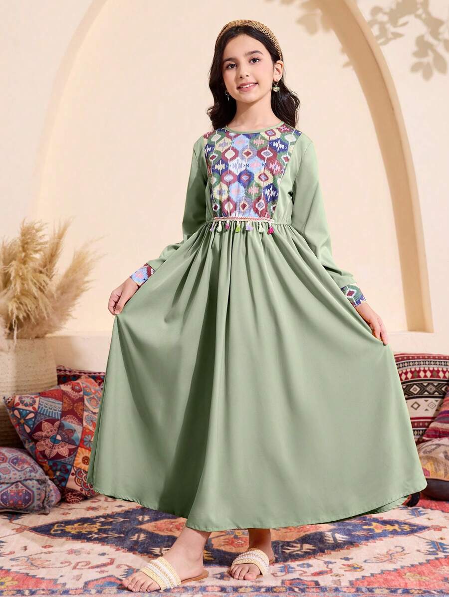 Tween Girls Geometric Print Long Sleeve Dress - Mint Green - View 1