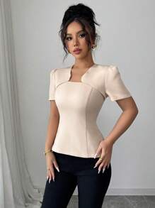 Elenzga 女士方领泡泡袖修身优雅复古衬衫 - 杏色 - 查看 4