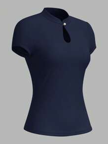 Vintamour Vintage Elegant Women's T-Shirt, Spring/Summer Slim-Fit Knitted Keyhole Hollow Out Short Sleeve Top, Casual Back To School Clothes Teacher - Navy Blue - View 5