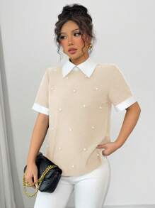 Elenzga 女式撞色珍珠铆钉彼得潘领短袖衬衫，春夏
