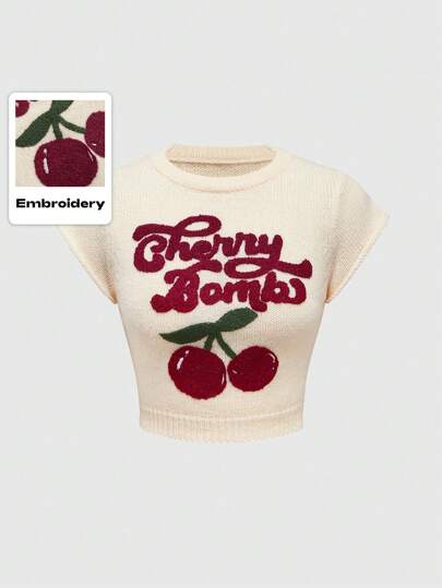 Kawaii Cute & Innocent Collegiate Style Cherry Embroidered Round Neck Batwing Sleeve Women Sweater Vest