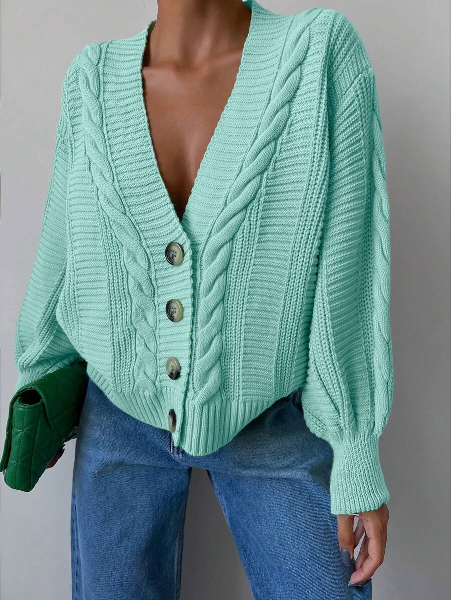 EURMUSE Cable Knit Drop Shoulder Cardigan - Mint Green - View 1