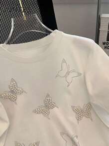 SHEIN 女士水钻与珍珠装饰宽松常规圆领 T 恤 - 白色 - 查看 3