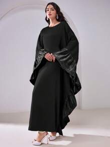 Al Najma 女士优雅圆领荷叶边宽松阿拉伯长袍连衣裙，端庄 - 黑色 - 查看 4