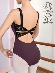 Dansine Body de malla sin mangas para mujer, mono de baile de ballet para adultos con cinturilla, espalda cruzada de encaje y forro completo en la parte delantera, atuendo de baile de ballet, primavera/verano