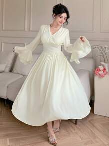 DAZY 女士花卉 V 领荷叶边中长连衣裙舞会礼服优雅秋季连衣裙长袖连衣裙 - 白色 - 查看 7