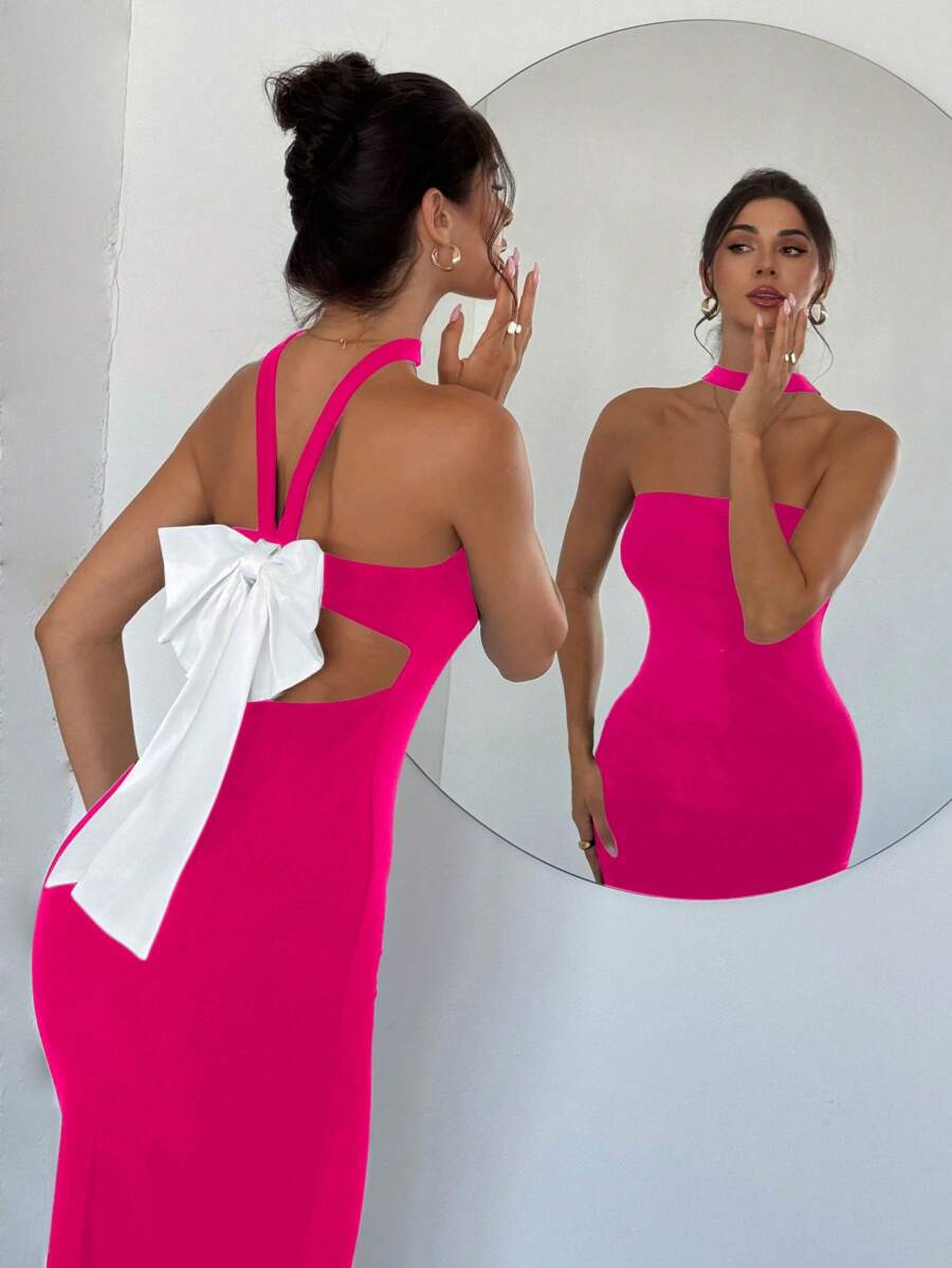 Firerie Women's Romantic Backless Color Blocking Bowknot Dress - Hot Pink - View 1