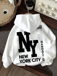 SHEIN Teen Boy Casual Minimalist NY Letter Graphic Thick Hoodie Sweatshirt, Suitable For Autumn