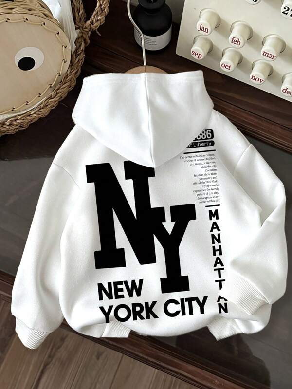 SHEIN Teen Boy Casual Minimalist NY Letter Graphic Thick Hoodie Sweatshirt, Suitable For Autumn