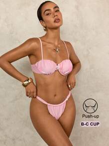 Pink Pearl Decorated Push-Up Bra - Swimwear