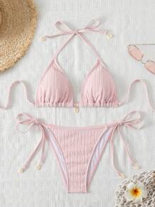Swim Mod Conjunto de bikini de unicolor texturizado para vacaciones en la playa de mujeres