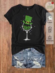 SHEIN EZwear St. Patrick's Day Casual Loose Faux Golden Clover & Wine Glass Graphic T-Shirt, Women Funny - Black - View 4