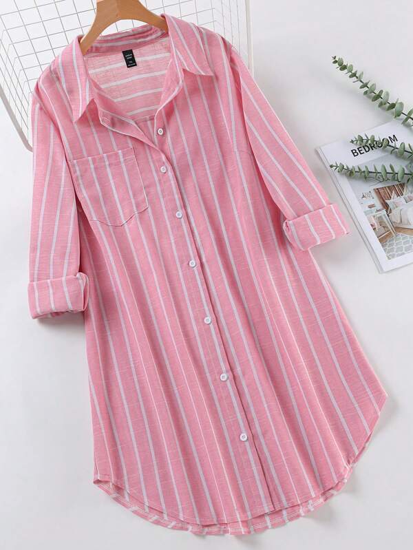 SHEIN LUNE Plus Size Striped Knee-Length Fall Dresses With Open Shirt Collar Baby Blue Dress Women Dress With Sleeves Blue Homecoming Dress Comfortable Cotton Business Casual Woman Work Dress Business Dress Casual