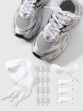 Kawaii 1 Set Elegant Simple Lace Shoelaces + Silver Cross Pendant Shoe Charm Decorations, Fashionable Versatile Accessory Suitable For Women, Daily Wear Or Gift
