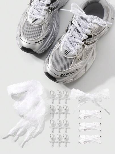Kawaii 1 Set Elegant Simple Lace Shoelaces + Silver Cross Pendant Shoe Charm Decorations, Fashionable Versatile Accessory Suitable For Women, Daily Wear Or Gift