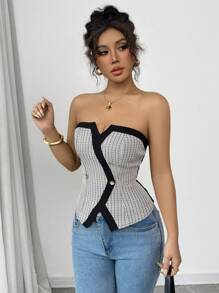 Elenzga Women Elegant Contrast Color Backless Strapless Bustier Crop Top - Black and White - View 7