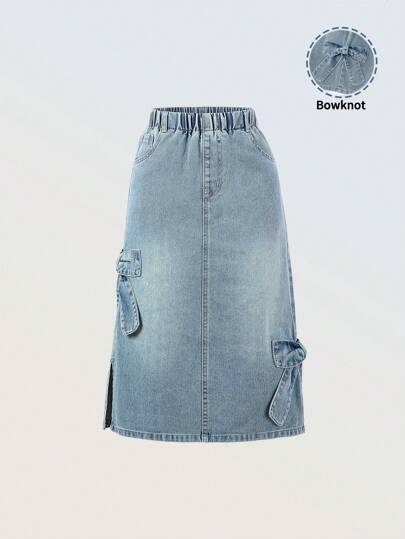 Sparklyn 适合少女的复古牛仔中长裙，休闲都市风格，侧边蝴蝶结、磨边下摆和松紧腰带