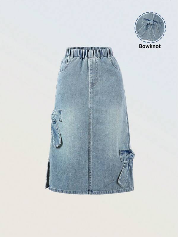 Vintage Denim Midi Skirt For Tween Girls, Casual Urban Style With Side Bowknot, Frayed Hem And Elastic Waist