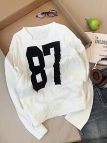 SHEIN EZwear 女式超大号数字图案落肩长袖毛衣，秋冬款 - 白色 - 查看 7
