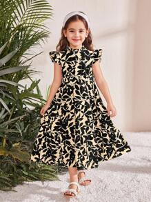 SHEIN Young Girl Chiffon Ditsy Floral Small Stand Collar Sleeveless Ruffle Hem Dress - Black - View 5