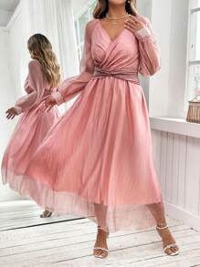 Flirla Đầm dài chữ A tay bồng xòe xếp nếp cổ chữ V cỡ lớn - Hồng - Xem 5