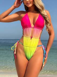 Swim Vcay 1 件女士渐变色印花结前系带抽绳连体比基尼，性感度假风格 - 彩色 - 查看 1