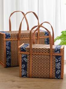 1pc Foldable Camp Storage Basket Woven From Bamboo, Batik Cloth Covered, Picnic Basket, Rural Style