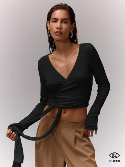 MUSERA Blusa casual com decote em V e amarração na cintura, perfeita para férias, aeroporto, volta às aulas, inverno e /verão. Elegante e moderna.