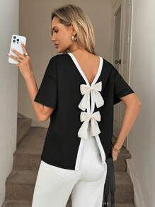 SHEIN LUNE Women's Round Neck Black & White Patchwork T-Shirt With Backless Bowknot Design, Short Sleeve - Black and White - View 1