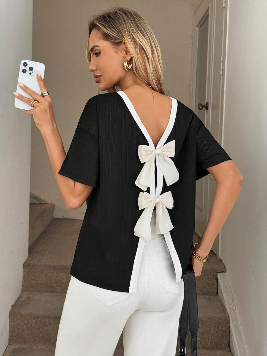 SHEIN LUNE Women's Round Neck Black & White Patchwork T-Shirt With Backless Bowknot Design, Short Sleeve - Black and White - View 1