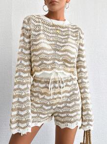 EURMUSE Striped Hollow Out Knit Top & Shorts Cover Up Set, For Summer Beach Vacation - Multicolor - View 3