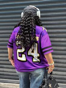 Rovax Plus Size Summer Casual Colorblock Letter & Number Print Short Sleeve T-Shirt - Purple - View 2