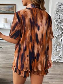 Flirla Plus Size Women Tie Dye Short Sleeve Single-Breasted Shirt & Shorts 2 Pieces Set, Casual