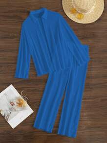 SHEIN Swim Women's Solid Color Long Sleeve Kimono Cover Up And Cover Up Trousers Set For Beach & Vacation - Blue - View 8