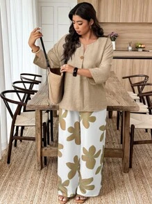 Weeklong بدلة رياضية كاجوال من قطعتين ، بنطلون وقميص بأكمام طويلة لون واحد مقاس كبير