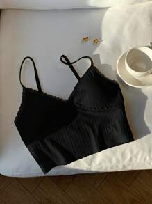 Comfortcana Women's Casual Solid Color Lace Trim Cropped Camisole - Black - View 4