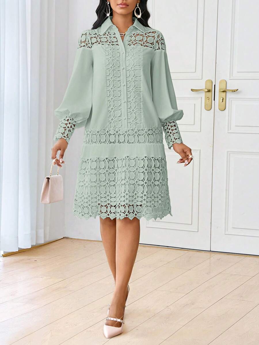 SHEIN Lady 春夏休闲优雅工作白色撞色蕾丝衬衫裙束腰连衣裙中长款女士连衣裙 - 薄荷綠 - 查看 1