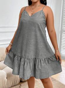 Calvaya Robe camisole à rayures et volants pour femmes grandes tailles