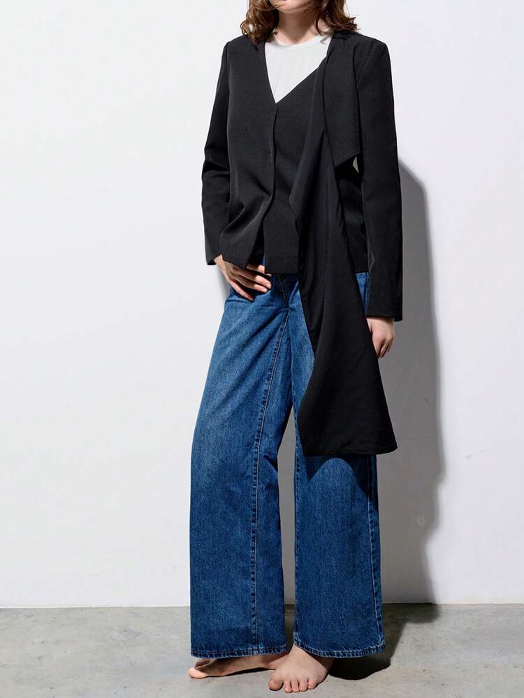 SHEIN Maija 2025 Summer New Fashion Business Casual Women's Black Asymmetric Criss-Cross V-Neck Blouse, Versatile Suitable For Business, Music Festivals, Beach Vacations, Daily Casual, Romantic Urban Getaways, Weddings, Graduation, Blazer