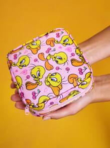 LOONEY TUNES X SHEIN 1 件 RPET 可爱卡通崔弟鸟和草莓印花卫生巾收纳袋，可用作女性卫生用品收纳袋、数码收纳袋、小物品收纳袋