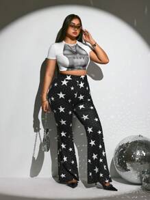 SHEIN ICON 大码黑白星星印花喇叭裤，适合音乐节和派对