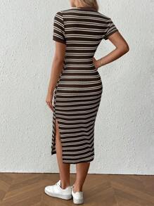 SHEIN 孕妇条纹侧开衩修身休闲/通勤中长连衣裙 - 咖啡 - 查看 2